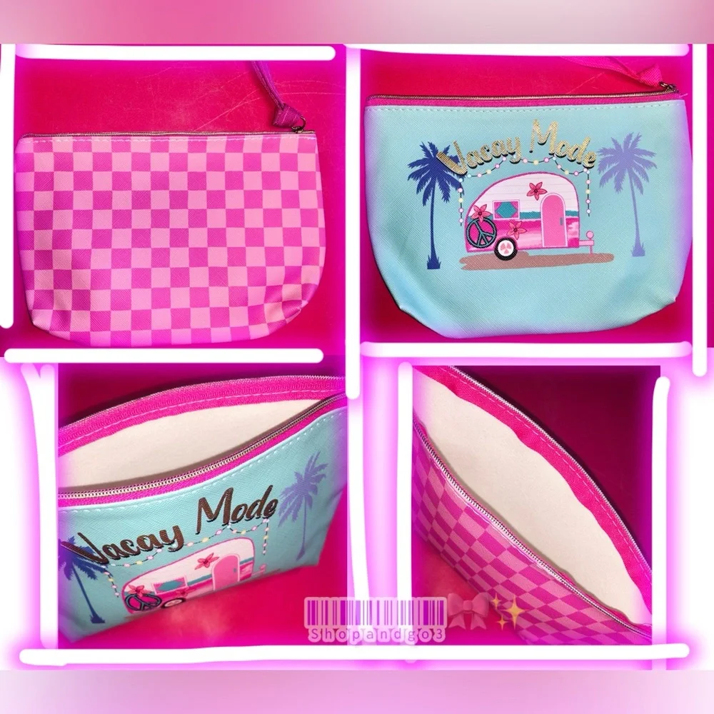 Vacay Mode Cosmetic Pouch Pink Aqua MakeUp Beauty Lipgloss Mirror IPhone Parfume